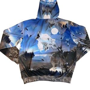 XXL wild graphic blue outdoor wolf hooded pullover sweatshirt